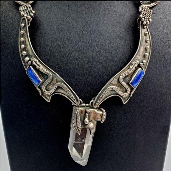 VINTAGE 950 silver quartz crystal lapis blue artisan Handmade bib necklace snake - Picture 2 of 16